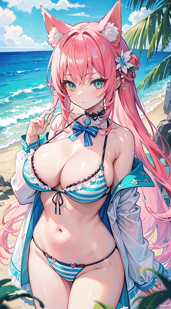 High quality, masterpiece, ultra-detailed, highly detailed outfit, choker, frilly blue striped bikini, 1girl, solo, peaceful expression, long pink hair, fox ears, enchanting green eyes, ridiculously large breasts, grabbing own breast, shiny skin, beach