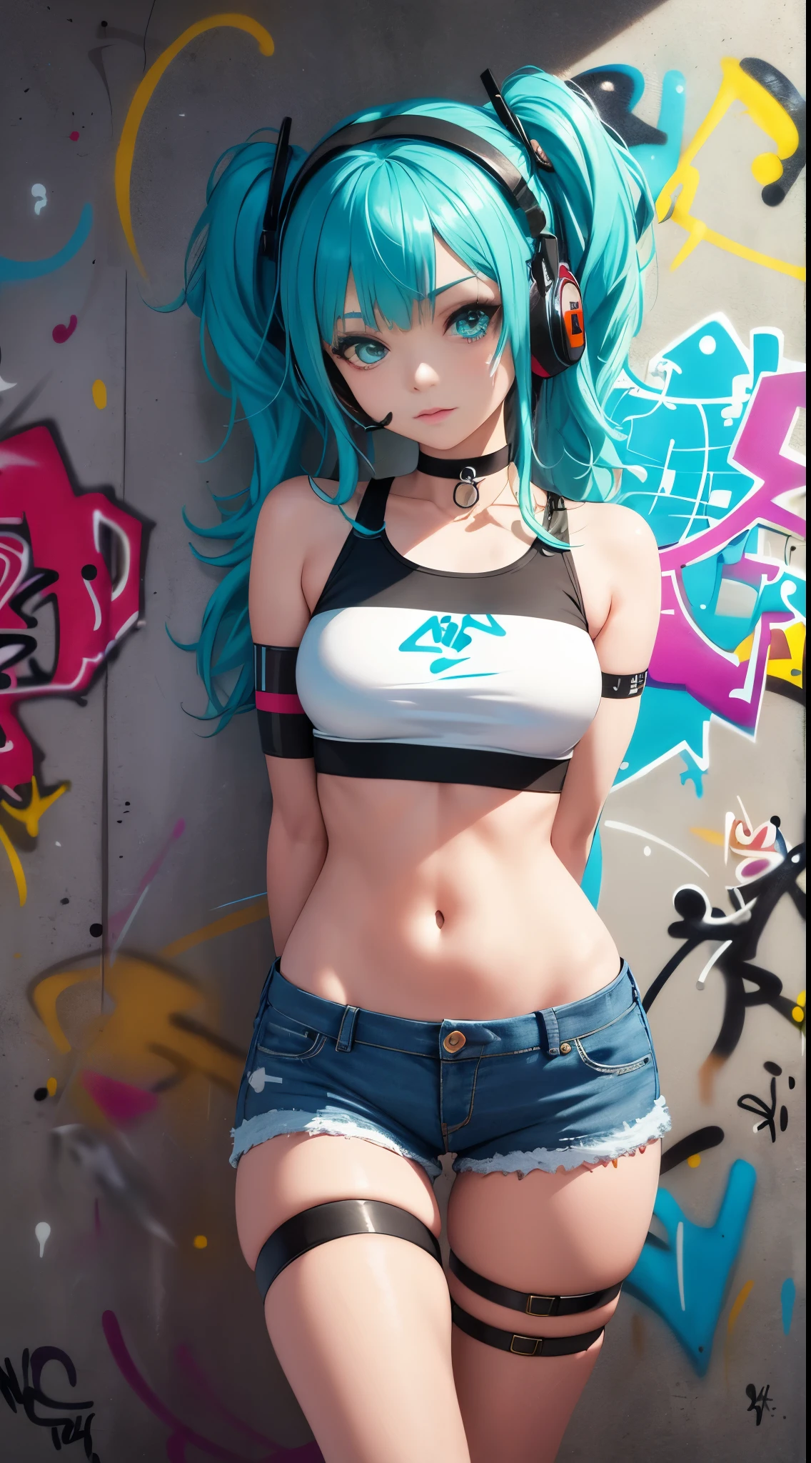 masterpiece, best quality, 1girl, solo, crop top, denim shorts, choker, (graffiti:1.5), paint splatter, arms behind back, against wall, looking at viewer, armband, thigh strap, paint on body, head tilt, bored, multicolored hair, aqua eyes, headset,