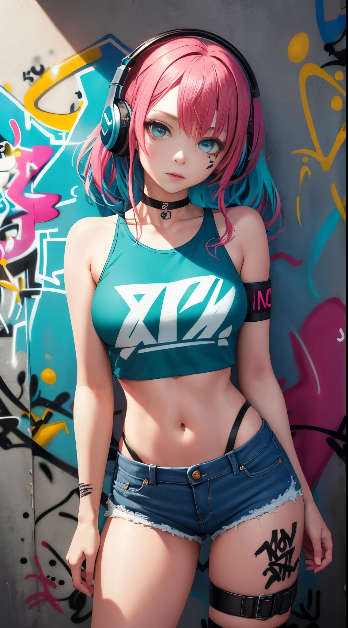 masterpiece, best quality, 1girl, solo, crop top, denim shorts, choker, (graffiti:1.5), paint splatter, arms behind back, against wall, looking at viewer, armband, thigh strap, paint on body, head tilt, bored, multicolored hair, aqua eyes, headset,