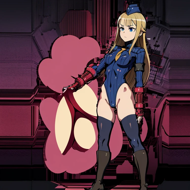 ultra-detailed, Explicit, Beautiful body, Beautiful Nose, Beautiful character design, perfect eyes, perfect face, ultra highres, 4K, beautiful legs, perfect legs, Nice hands, Perfect hand, Masterpiece, Best Quality, Highly detailed, illustration, absurdres, street fighter, doll suit, shadaloo doll, dollsuit, 1girl, solo, expressionless, blank eyes, looking at viewer, red gloves, emotionless, black latex, corrution, mind control, female combatant, full body, hypnotized, unhappy trance, full body suit, ribbed bodysuit, both arms at side, obey, perfect female body, extremely glossy latex, hypnosis, hypnoLora, empty eyes, Mind control device, poses, brainwashed, submissive_pose, Slave, hat, necktie, stand up straight, standing, standing at attention, belt, fighting stance, latex, garter belt, thighhighs, Princess principal, Charlotte, princess charlotte, blue eyes, long hair, blonde hair