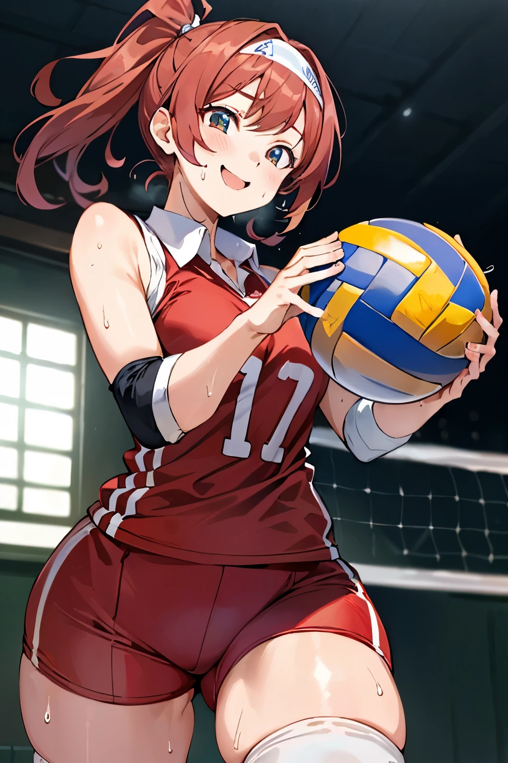 unity 8k wallpaper, anatomically correct,  (((masterpiece))), (((best quality))), (((ultra detailed))), (((high-resolution))), ((super fine illustration)), ((Ultimate cutie)), ((detailed beautiful face)), ((perfect hands)), ((perfect finger)), (((good anatomy))), Solo, One girl, 17 years old, (potbelly), (Curve), medium breasts, ((thick thighs)), Shiny hair, ((smile)), smug face, (blush)), BREAK, Adidas, (((Buruma))), (Sleeveless collared Volleyball Uniforms), head band, (elbow sleeve), ((Kneepads)), BREAK, (((Hold a beautiful spherical 6-inch white volleyball with both hands))), ((Sweat)), (perspired), (Heavy breathing), in gymnasium, in volleyball court, depth of field, strong light, ((Looking at viewers)), cowboy shot