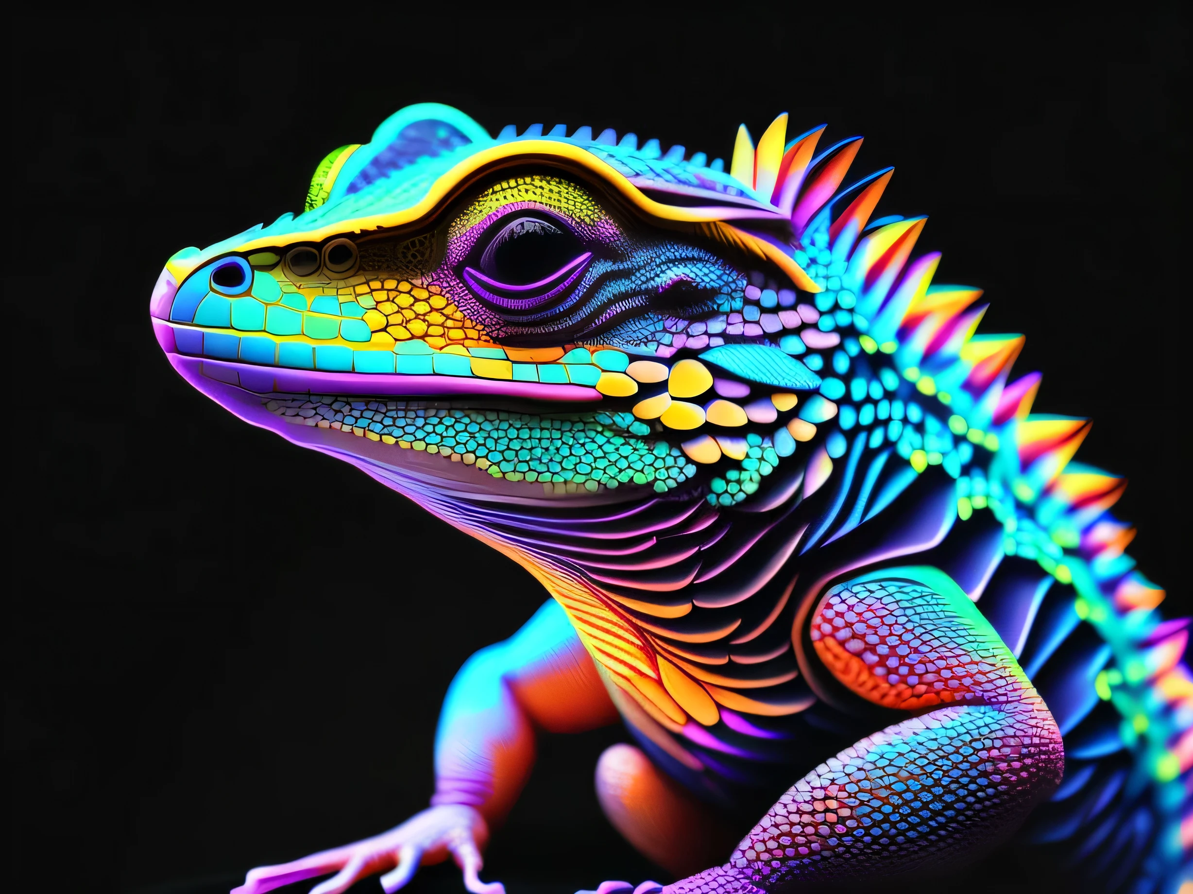 intricate and colorful, (digital painting:1.2) neon lizard, bright neon skin, concept art, octane render, trending on artstation, neon-noir background, iolibt, vfx, Blender and Photoshop, octane render, excellent composition, cinematic atmosphere, dynamic dramatic cinematic lighting, aesthetic, very inspirational, arthouse,(dark plain black background:1.4))