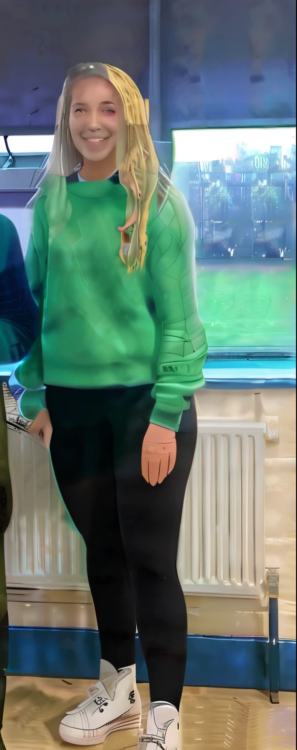 Remove green jumper and replace with black bra