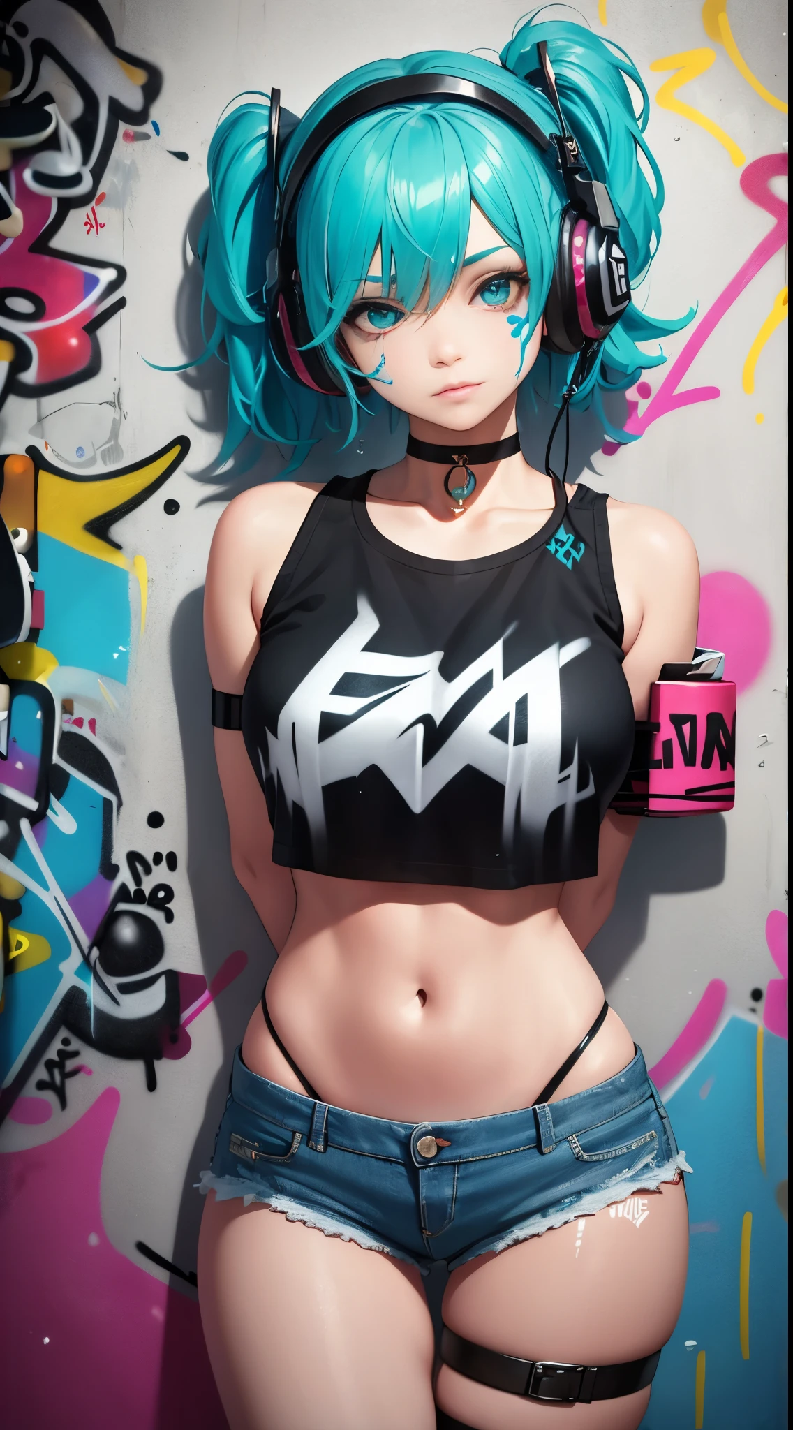 masterpiece, best quality, 1girl, solo, crop top, denim shorts, choker, (graffiti:1.5), paint splatter, arms behind back, against wall, looking at viewer, armband, thigh strap, paint on body, head tilt, bored, multicolored hair, aqua eyes, headset,