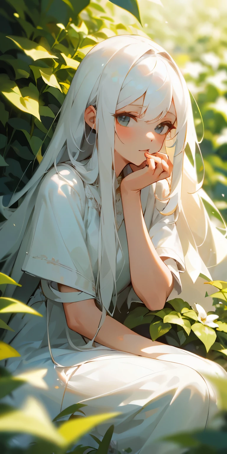 (masterpiece, best quality),1girl with long white hair sitting in a field of green plants and flowers, her hand under her chin, warm lighting, white dress, blurry foreground