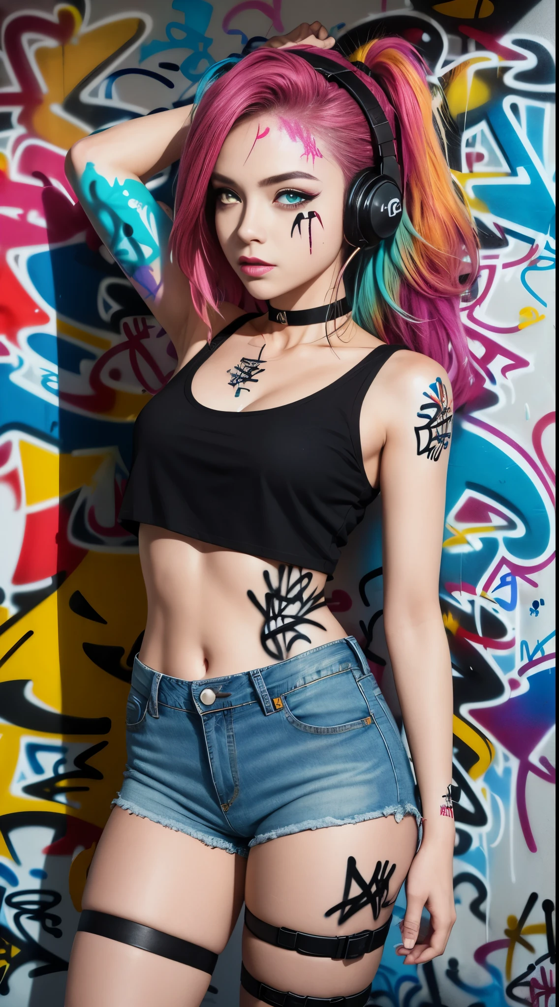 masterpiece, best quality, 1girl, solo, crop top, denim shorts, choker, (graffiti:1.5), paint splatter, arms behind back, against wall, looking at viewer, armband, thigh strap, paint on body, head tilt, bored, multicolored hair, aqua eyes, headset,