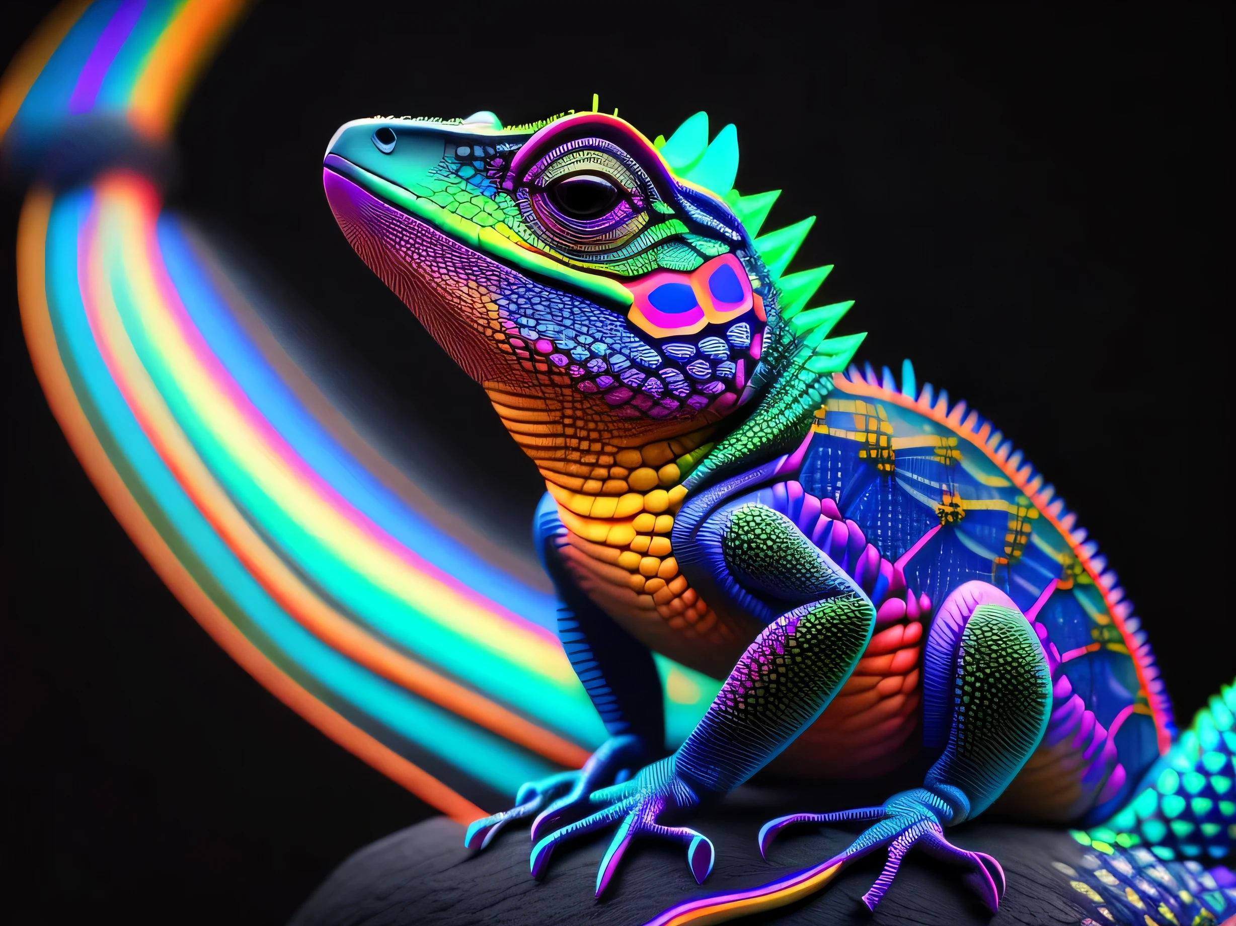 intricate and colorful, (digital painting:1.2) neon lizard, bright neon skin, concept art, octane render, trending on artstation, neon-noir background, iolibt, vfx, Blender and Photoshop, octane render, excellent composition, cinematic atmosphere, dynamic dramatic cinematic lighting, aesthetic, very inspirational, arthouse,(dark plain black background:1.4))