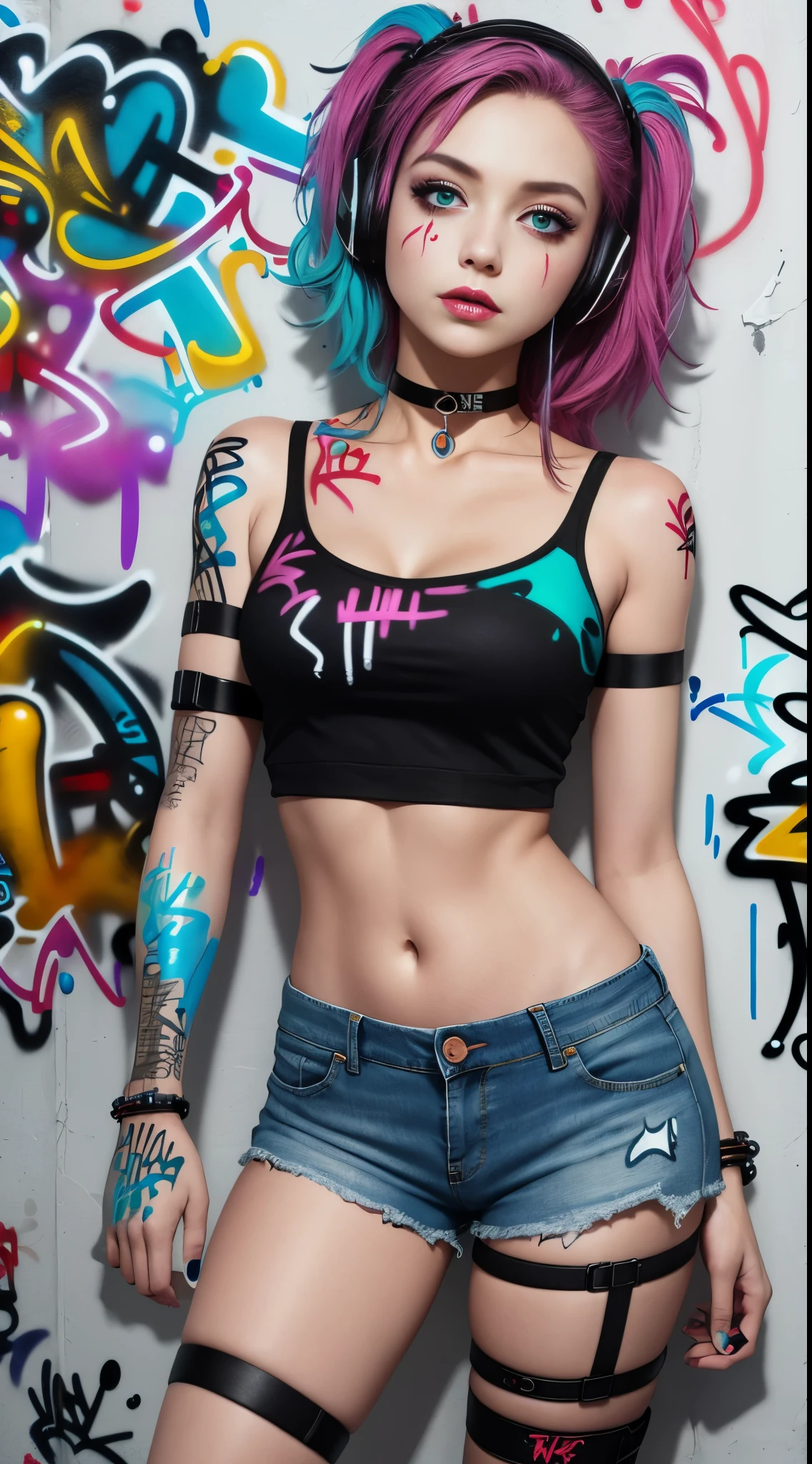 masterpiece, best quality, 1girl, solo, crop top, denim shorts, choker, (graffiti:1.5), paint splatter, arms behind back, against wall, looking at viewer, armband, thigh strap, paint on body, head tilt, bored, multicolored hair, aqua eyes, headset,