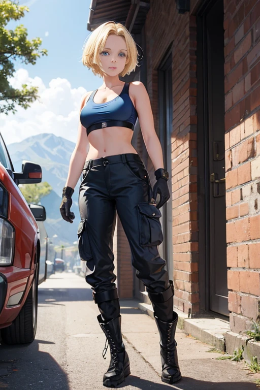 1woman, blonde short hair, forehead, blue eyes, wearing sport bra, cargo pants, combat boots, gloves