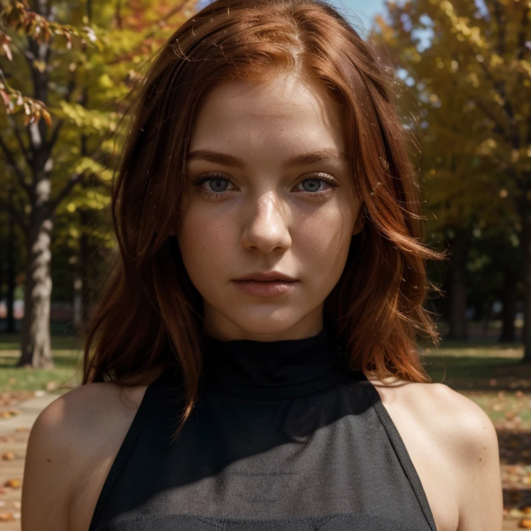 Caucasian red hair middle 20 years girl, fit, staring at the viewer, realistic wearing black short dress somewhere during Autumn in Denver, glowing hazel greenish eyes, intense, solodramatic lightinasterpiece:1.2), best quality, high resolution, beautiful detailed, extremely detailed, perfect lighting