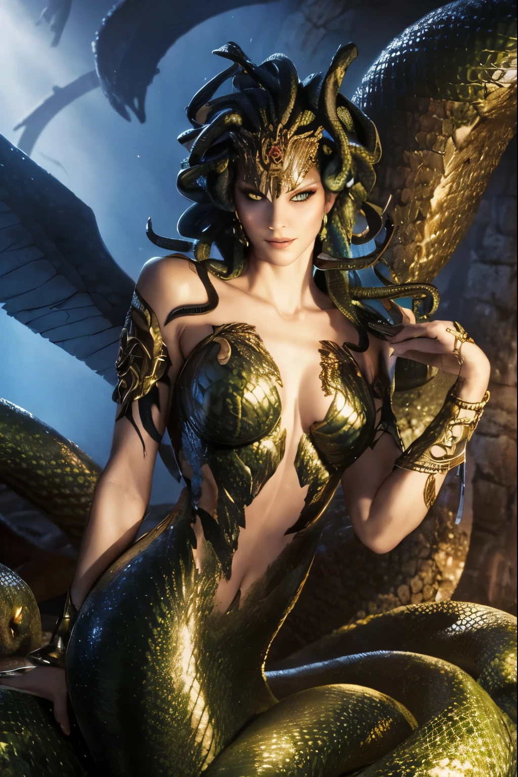 “Draw Medusa from Greek mythology based on her classical description. Portray a woman of unearthly beauty with a pale face, chiseled features and piercing eyes. Seu cabelo deve ser composto por serpentes vivas e venenosas, variando em tamanho e cor, com escamas reluzentes e olhos sinistros. Vista-a com uma veste que lembra uma armadura feita de escamas de serpentes. It has sharp claws on its hands and membranous wings on its back.. Make sure you capture the mischievous expression in his smile, while maintaining a menacing, petrifying look in his eyes. Convey your fearsome and terrifying nature in every detail.