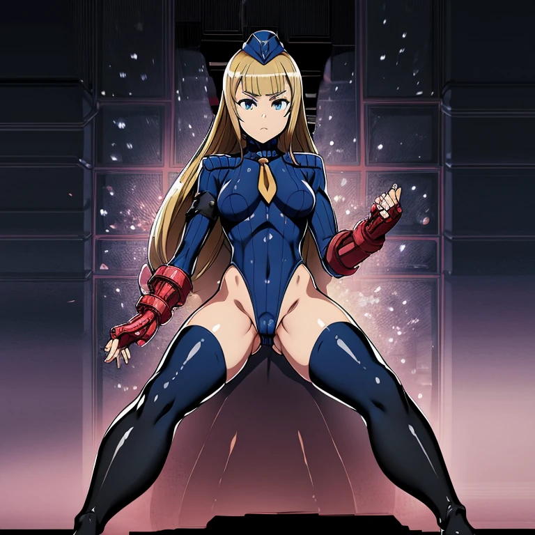 ultra-detailed, Explicit, Beautiful body, Beautiful Nose, Beautiful character design, perfect eyes, perfect face, ultra highres, 4K, beautiful legs, perfect legs, Nice hands, Perfect hand, Masterpiece, Best Quality, Highly detailed, illustration, absurdres, street fighter, doll suit, shadaloo doll, dollsuit, 1girl, solo, expressionless, blank eyes, looking at viewer, red gloves, emotionless, black latex, corrution, mind control, female combatant, full body, hypnotized, unhappy trance, full body suit, ribbed bodysuit, both arms at side, obey, perfect female body, extremely glossy latex, hypnosis, hypnoLora, empty eyes, Mind control device, poses, brainwashed, submissive_pose, Slave, hat, necktie, stand up straight, standing, standing at attention, belt, fighting stance, latex, garter belt, thighhighs, Princess principal, Charlotte, princess charlotte, blue eyes, long hair, blonde hair