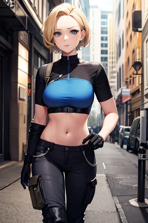 1woman, blonde short hair, forehead, blue eyes, wearing sport bra, cargo pants, combat boots, gloves