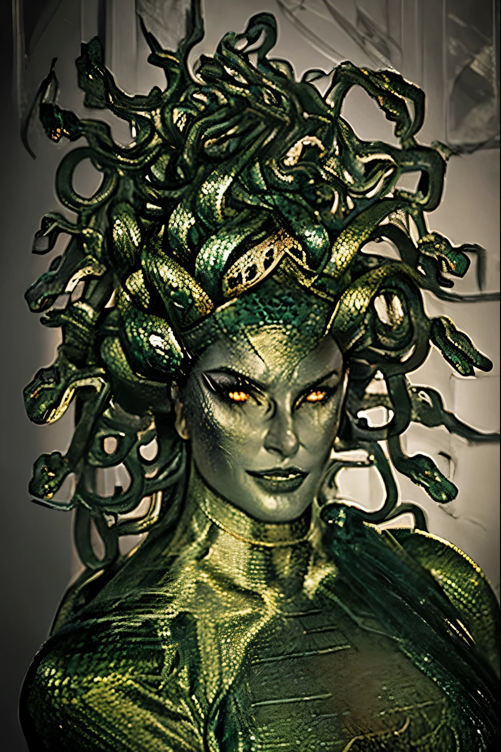 “Draw Medusa from Greek mythology based on her classical description. Portray a woman of unearthly beauty with a pale face, chiseled features and piercing eyes. Seu cabelo deve ser composto por serpentes vivas e venenosas, variando em tamanho e cor, com escamas reluzentes e olhos sinistros. Vista-a com uma veste que lembra uma armadura feita de escamas de serpentes. It has sharp claws on its hands and membranous wings on its back.. Make sure you capture the mischievous expression in his smile, while maintaining a menacing, petrifying look in his eyes. Convey your fearsome and terrifying nature in every detail.