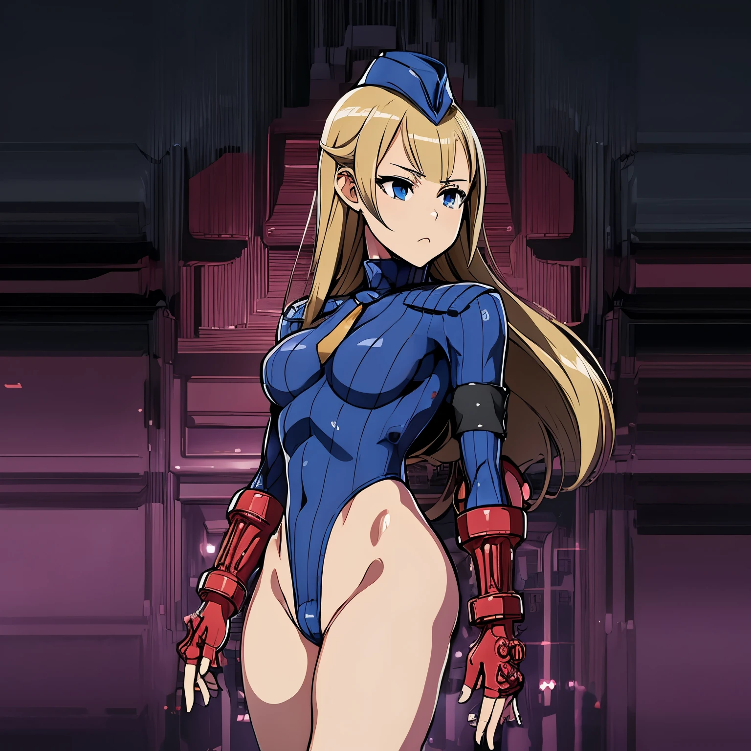 ultra-detailed, Explicit, Beautiful body, Beautiful Nose, Beautiful character design, perfect eyes, perfect face, ultra highres, 4K, beautiful legs, perfect legs, Nice hands, Perfect hand, Masterpiece, Best Quality, Highly detailed, illustration, absurdres, street fighter, doll suit, shadaloo doll, dollsuit, 1girl, solo, expressionless, blank eyes, looking at viewer, red gloves, emotionless, black latex, corrution, mind control, female combatant, full body, hypnotized, unhappy trance, full body suit, ribbed bodysuit, both arms at side, obey, perfect female body, extremely glossy latex, hypnosis, hypnoLora, empty eyes, Mind control device, poses, brainwashed, submissive_pose, Slave, hat, necktie, stand up straight, standing, standing at attention, belt, fighting stance, latex, garter belt, thighhighs, Princess principal, Charlotte, princess charlotte, blue eyes, long hair, blonde hair