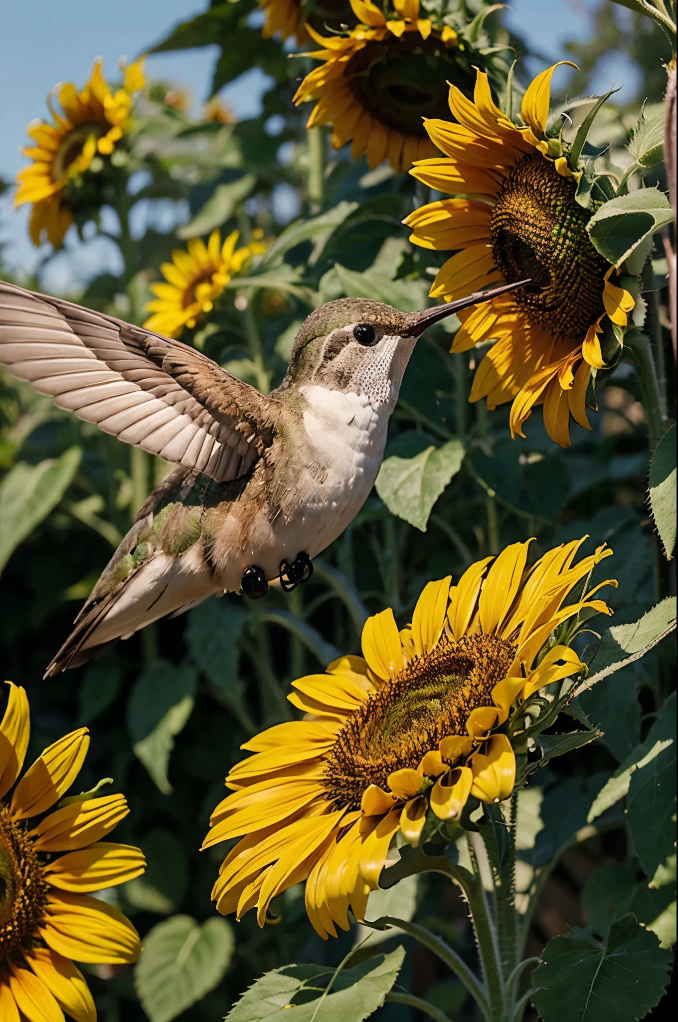 A hummingbird next to a sunflower