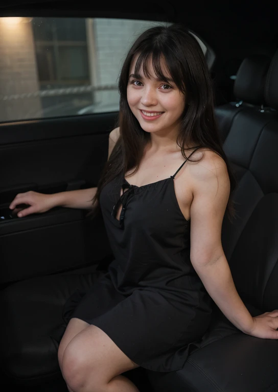 Full body photo of a pretty young 1girl, laughing,  big cheeks, very long hair,  black hair, side-swept bangs, side fringe hair wearing a night dress, Full body, Photo, inside a car driving, best quality, realistic, 8k,