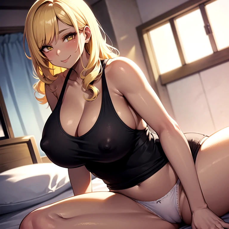 masterpiece, best quality, 1girl, solo, (mature female, dark-skinned female, curly hair, long hair, blonde hair, yellow eye, colored eyelashes, crossed bangs, huge breasts, busty, curvy, narrow waist, wide hips, white tank top, white male underwear), covered nipples, cameltoe, sitting on bed, hands on bed, looking at viewer, seductive smile, seductive pose, bed, bedroom
