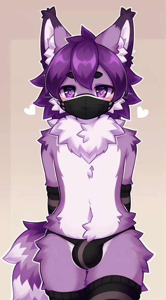 Furry male, eyeliner, eyelashes, (((black eyeshadow))), ((male focus)), lynx, (((purple fur))), (purple hair), furry, cute fangs, cute, medium hair, furry, anime style, fluff, fluffy, thuft, disheveled, realistic fur, detailed, detailed shadows, cheeks fluff, ((fullrender)), (((neck fluff))), <3 eyes, icon portrait, avatar icon, only face, smug face, ((super fluffy)), (upper body), one fang, ((shoulder fluff)), ((shoulder tuft)), ((hairy body)), (((fluffy body))), (((furry body))), thicc thighs, detailed hands, yiffy, teasing face, ((bedroom background)), (((kemono))), ((leg warmers)), ((arm warmers)), upper body, seductive pose, solo focus, ((by jinxit)), pawpads, claws, Bulge, thong, facemask,