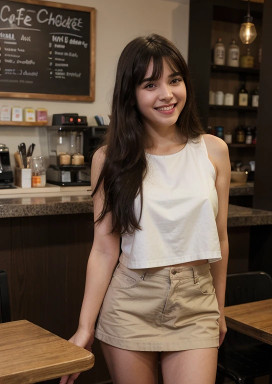 Full body photo of a pretty young 1girl, laughing, big cheeks, very long hair, black hair, side-swept bangs, side fring hair, Full body, Photo, coffee shop , best quality, realistic, 8k,