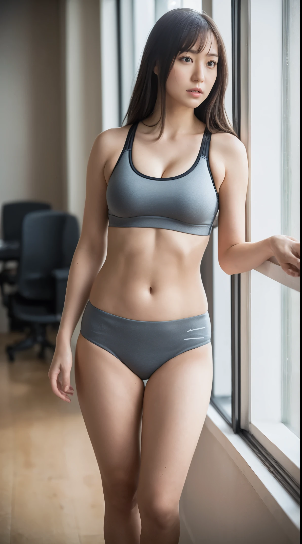 (masutepiece,High quality,16K:1.3),(depth of fields:1.3) ,((front body:1.35)), Japanese ,woman, natural makeup,standard height,(sports bra, sports panties:1.2), Huge breasts, thicc, curvy,(Looking at Viewer:1.3),(full body:1.2),Inside the office by the window