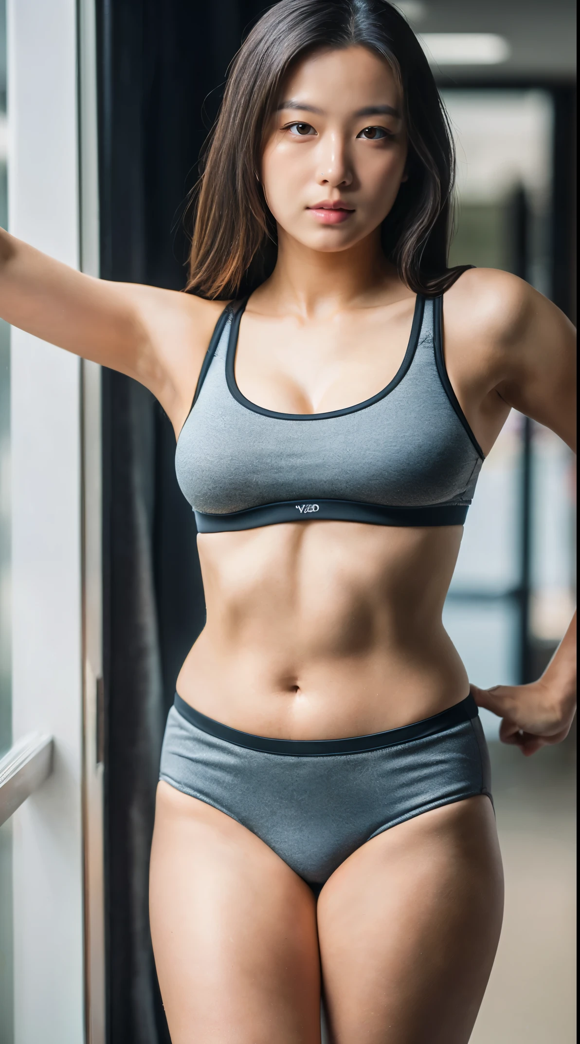 (masutepiece,High quality,16K:1.3),(depth of fields:1.3) ,((front body:1.35)), Japanese ,woman, natural makeup,standard height,(sports bra, sports panties:1.2), Huge breasts, thicc, curvy,(Looking at Viewer:1.3),(full body:1.2),Inside the office by the window