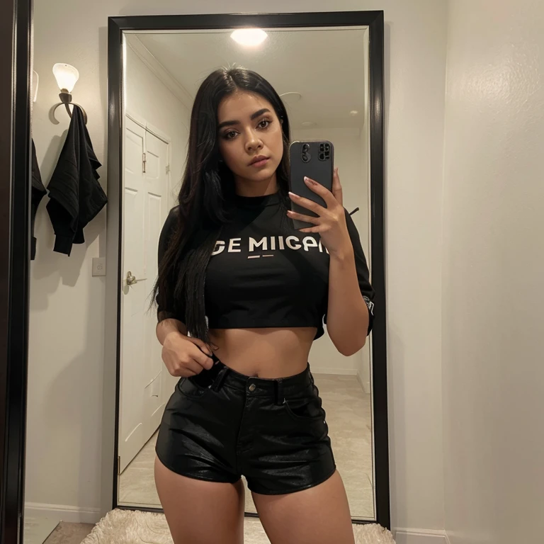 A Mexican girl doing a mirror selfie Mexican makeup black  straight hair   badie outfit a crop top jacket and short shorts  black curvy    butt facing the camera  face in facing the camera