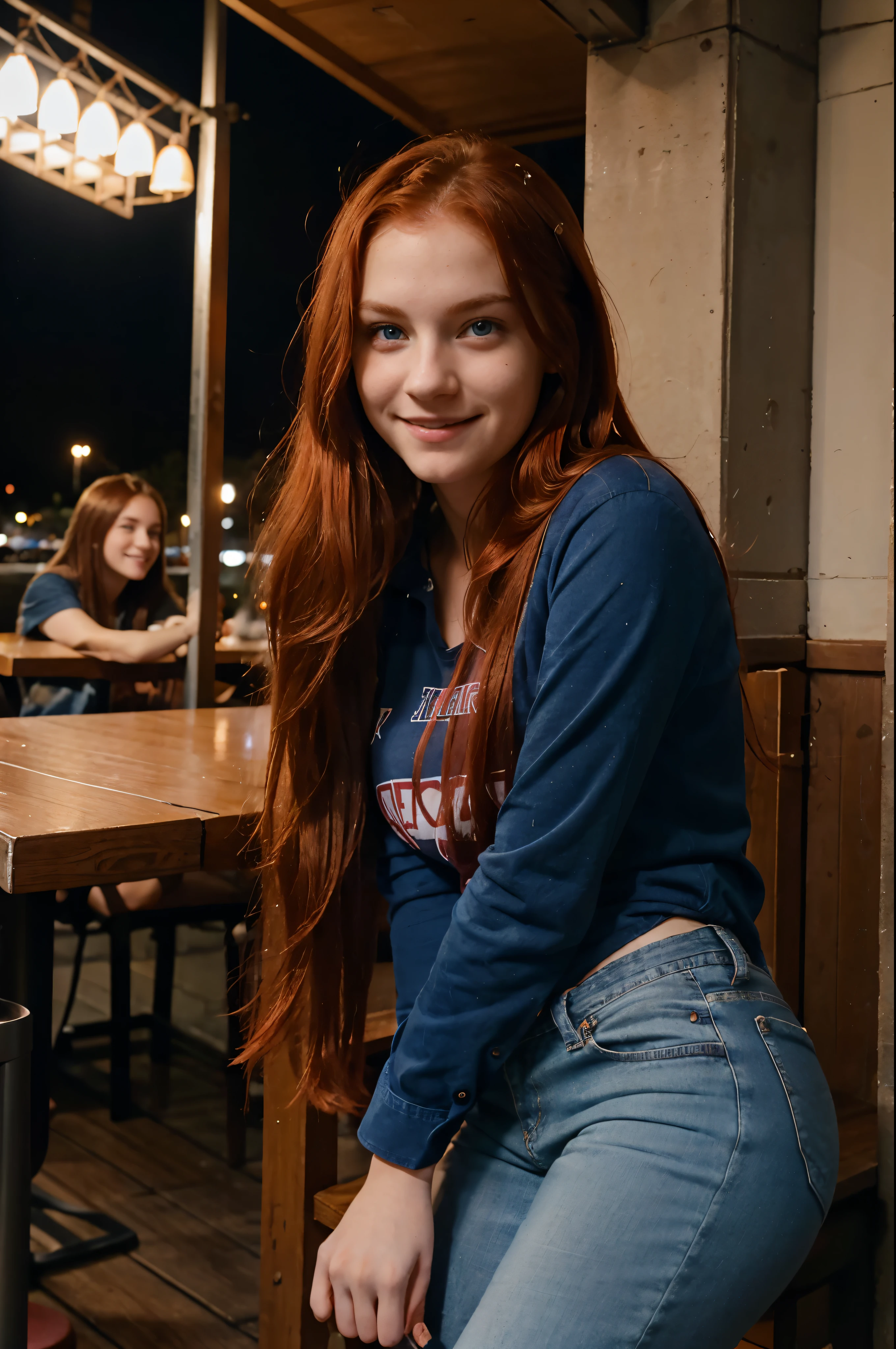 Estudiante de secundaria de piel blanca y cabello rojo., looks towards the camera smiling, with a confident bath, Cabello largo y lacio, ojos azules profundos, camisa color rosa, usar jeans, afuera en un restaurante, comiendo algo por la noche.