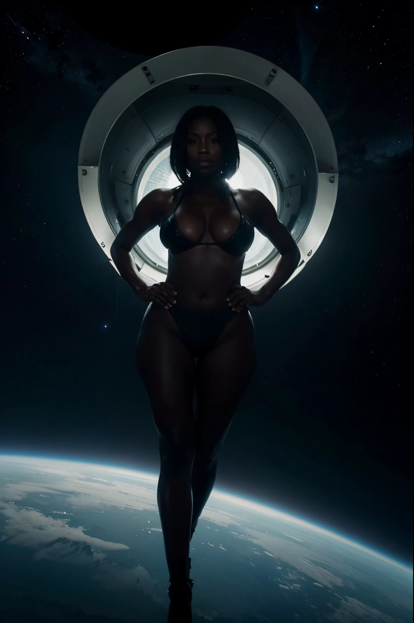 Creature in space, dark skin, flying saucer, thicc, bikini armor