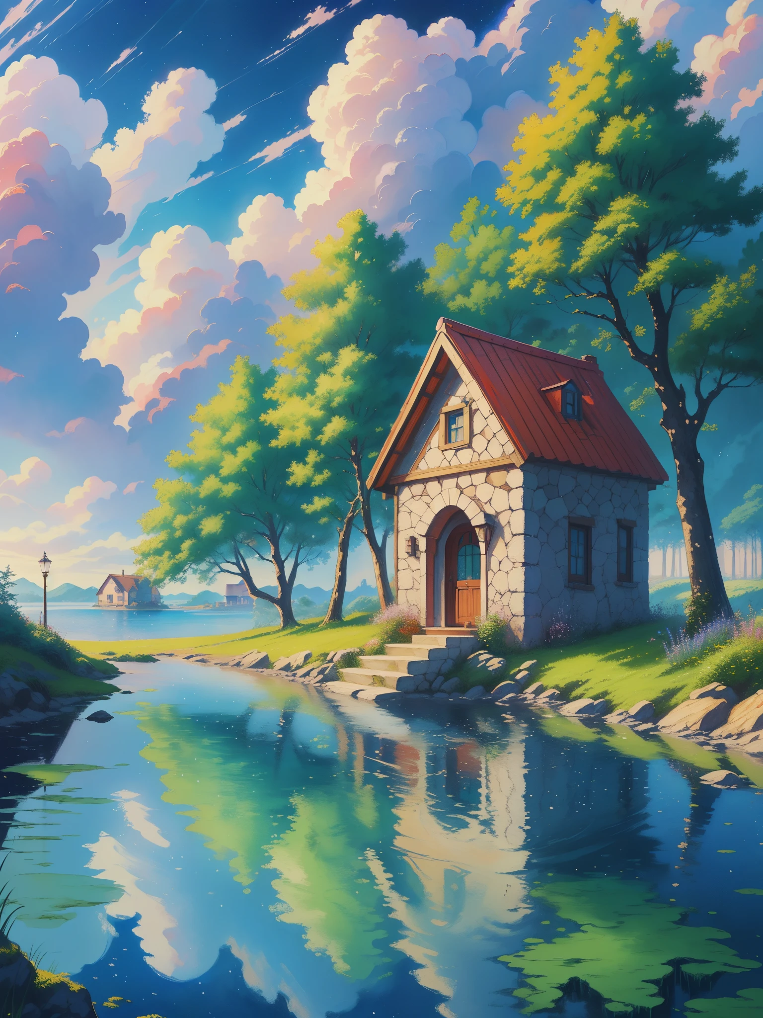 anime scenery of a small house by the water with a red roof, detailed painting 4 k, dream scenery art, beautiful art uhd 4 k, anime countryside landscape, scenery art detailed, 4k highly detailed digital art, anime landscape wallpaper, scenery artwork, 4k detailed digital art, scenery wallpaper, hd wallpaper, fantasy painting hd, detailed scenery