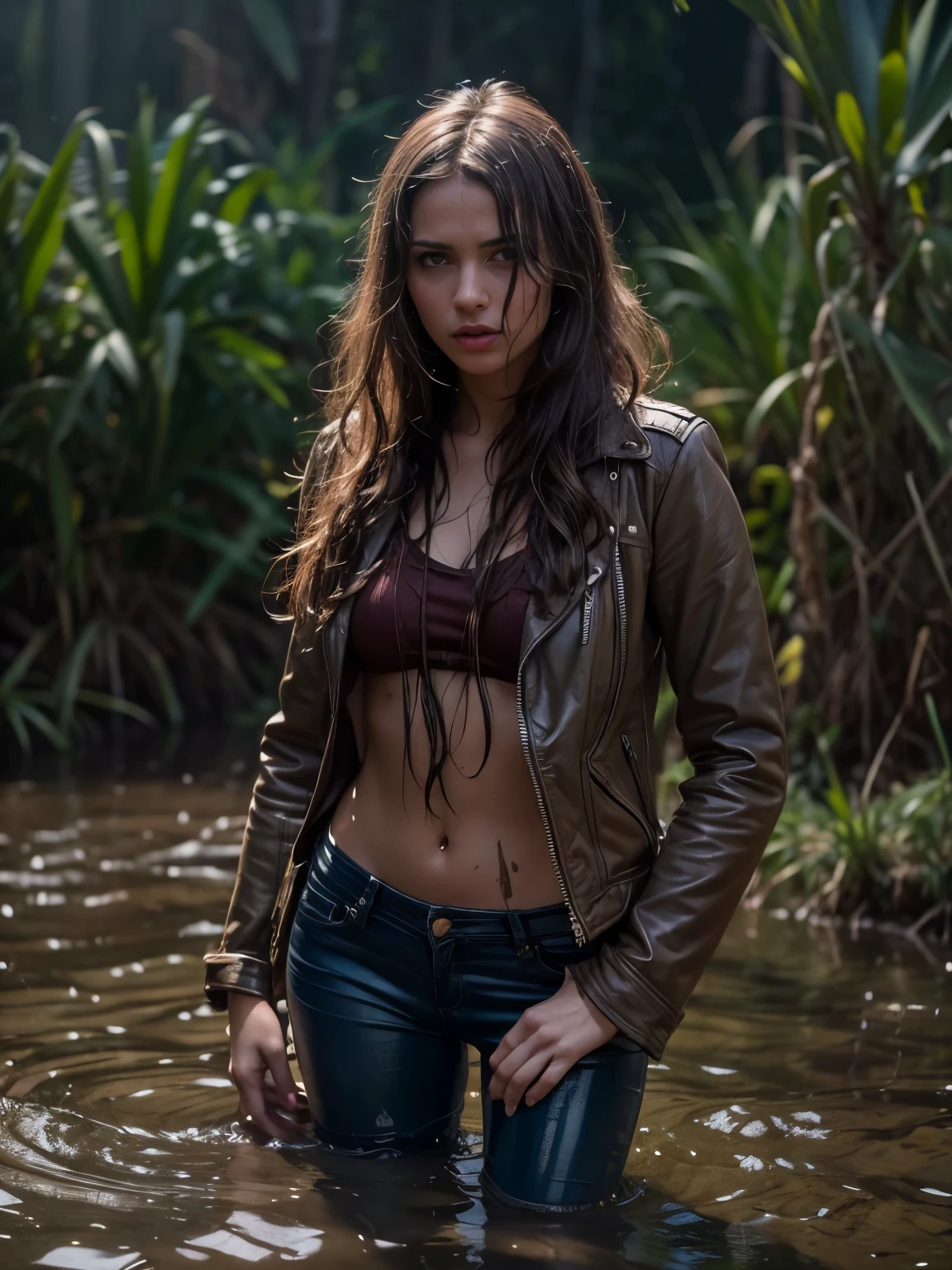 (Best Quality,4k,8K,hight resolution,Masterpiece:1.2),Ultra-detailed,(Realistic,photoRealistic,photo-Realistic:1.37),forbidden taboo, shyly seduces, Inevitable punishment, drown in mud, Dressed in jeans+leather jacket, in the middle of the swamp, Vulnerability, fetish, Scared, ecstasy, provocative, soaked in brown liquid mud, illustartion, intense lighting, Dramatic shadows, bold fashion, wet hair, Intense eye contact, Mysterious atmosphere