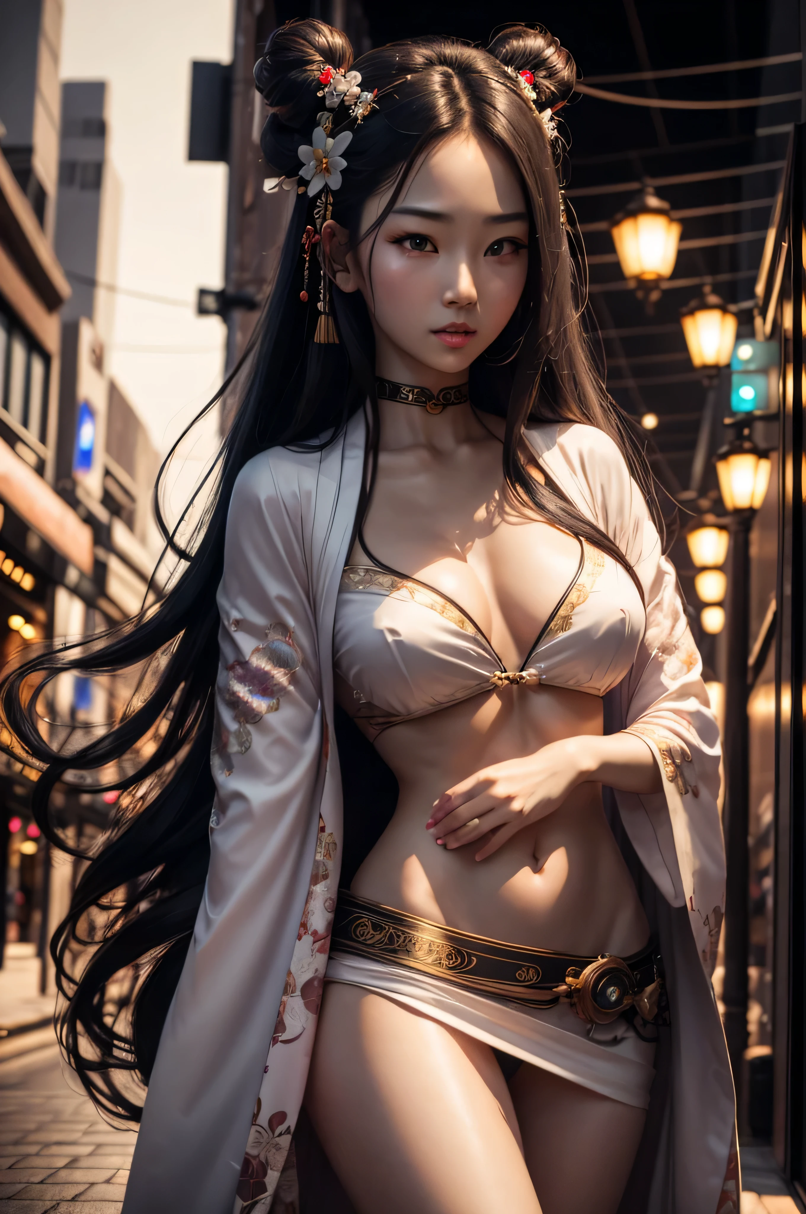 1 beautiful japanese girl, ethereal beauty, goddes, full body, seductive body, wearing kimono, mini skirt, long hair, ribbons in the hair, beautiful face, beautiful eyes, Cyberpunk city from sci-fi movie, empty street, night, fullmoon, chinese buildings, old shop, irregular, circuit boards, intricate, super detailed, realistic, hyper realistic, high quality, best, super detailed, Very Detailed, Photorealistic, Epic Composition, Best Quality
