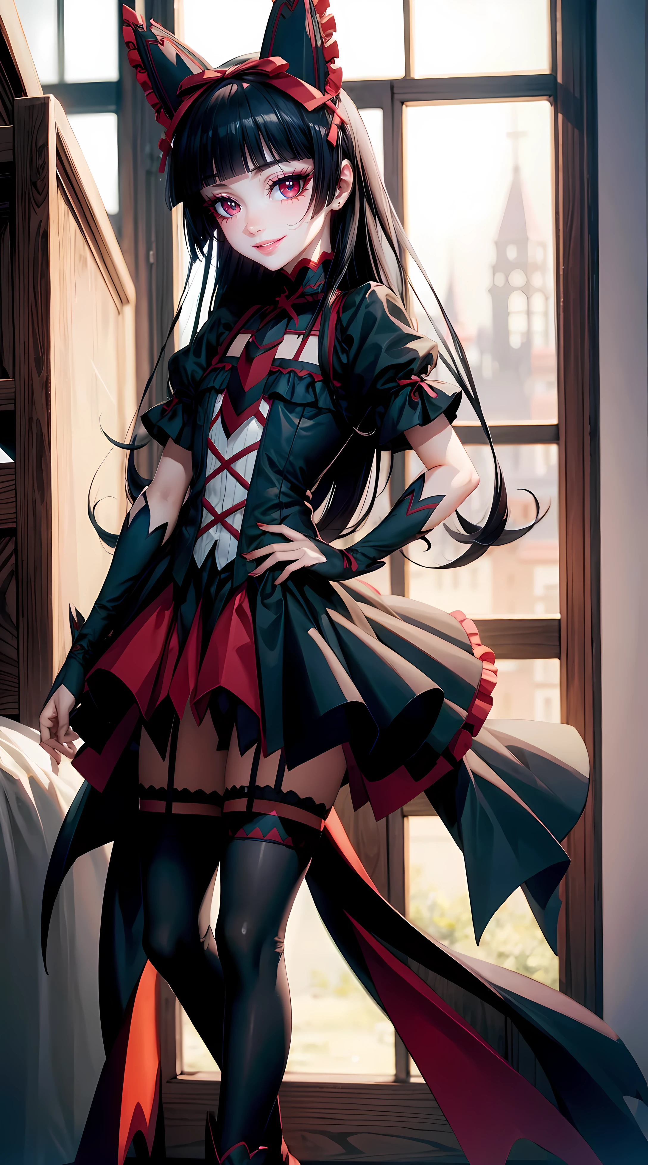 Rory Mercury, Rory Mercury, black  hair, blunt bangs, hime cut, hair ornament, black lipstick, hairlong, cute face, makeup, (small chest:1.2), (red eyes:1.5), BREAK Gothic underwear, the perfect body (little chest:1.3) horney, BREAK in full growth, red shoes, BREAK Black Stockings, Black Gloves BREAK, черные thights, garter straps, gloves, gotik, Hair Bow, Detailed Gothic Fashion, puffy short sleeves, puffy sleeves, short sleeves, thights, BREAK, starry night sky, night city, fog BREAK looks at the viewer, BREAK (Masterpiece:1.2), Best Quality, High Resolution, Ultra HDR, Unity 8k壁纸, (illustartion:0.8), (beautiful detail eyes:1.6), extremely detailed face, perfect  lighting, extremely detailed CGI, (perfect arms, Perfect Wrist, two arms, five fingers on the hand, red manicure, Detailed fingers, perfect anatomy),