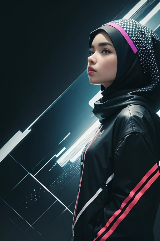 (front focus),(in the dark:1.6), (masterpiece, top quality, best, official art, beautiful and aesthetic:1.2),(masterpiece, top quality, best quality, official art, beautiful and aesthetic:1.2),(masterpiece, top quality, best quality, official art, beautiful and aesthetic:1.2), 1 malay girl in hijab, glitch art, (digital distortion), pixelated fragments, data corruption,colorful noise, visual chaos,contemporary aesthetics