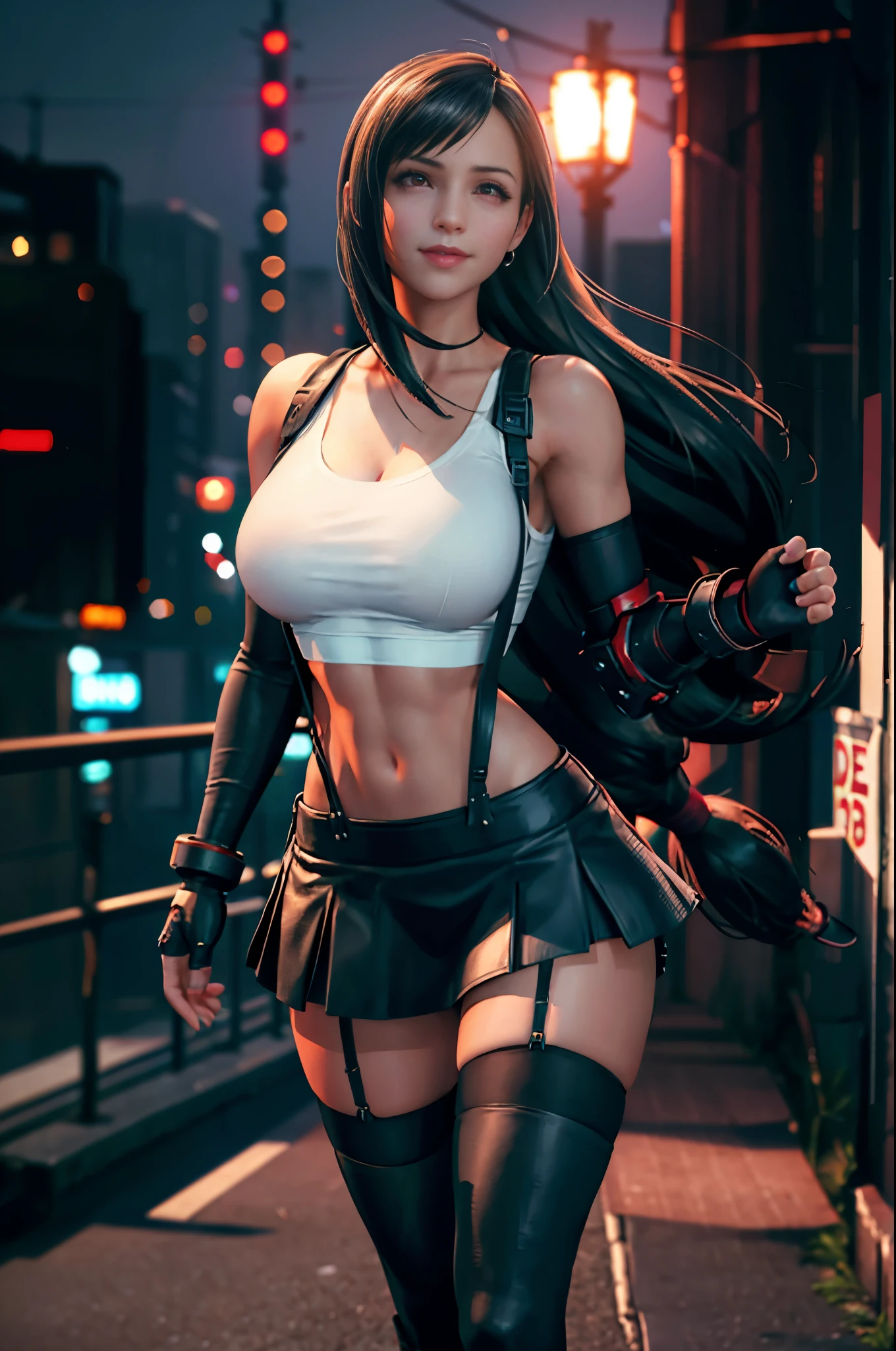 (8k, best quality, masterpiece:1.2), (realistic, photo-realistic), ultra-detailed, 1 girl,cute, solo, (tifa lockhart), (huge breasts), (smile:1.2), (closed mouth), erotic pose, posing, neon lights, cityscape, depth of field, depth of field, good composition, Final Fantasy VII, ankle boots, black hair, black thighhighs, red boots, elbow gloves, elbow pads, fingerless gloves, taut shirt, sports bra, (suspenders attached to skirt), thighhighs, (white tank top), full body, very long hair, ((red_eyes)), yellow flowers, (night), bokeh, cinematic lighting, nsfw, perfect breasts, sakimichan style