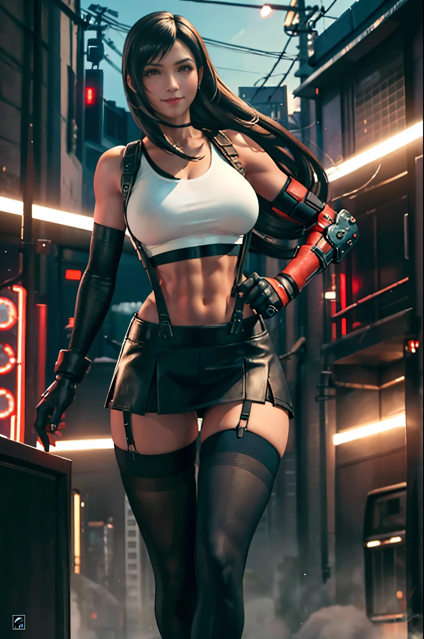 (8k, best quality, masterpiece:1.2), (realistic, photo-realistic), ultra-detailed, 1 girl,cute, solo, (tifa lockhart), (huge breasts), (smile:1.2), (closed mouth), erotic pose, posing, neon lights, cityscape, depth of field, depth of field, good composition, Final Fantasy VII, ankle boots, black hair, black thighhighs, red boots, elbow gloves, elbow pads, fingerless gloves, taut shirt, sports bra, (suspenders attached to skirt), thighhighs, (white tank top), full body, very long hair, ((red_eyes)), yellow flowers, (night), bokeh, cinematic lighting, nsfw, perfect breasts, sakimichan style