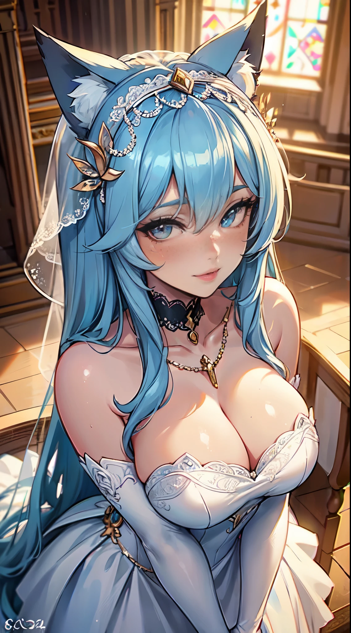 Masterpiece, high res, beautiful art, professional artist, 8k, art style by sciamano240, very detailed face, very detailed hair, 1girl, perfectly drawn body, beautiful face, long hair, light blue hair , very detailed blue vertical cat eyes, pouty lips , rosey cheeks, intricate details in eyes, extreme close up of face, see only head and neck, staring directly at viewer, wearing elegant wedding dress, jewellery, cat ears under veil, white elbow gloves, some freckles, wedding ring, joyfull smile, in love with the viewer expression, afternoon church setting, pov standing at the alter in front of viewer,