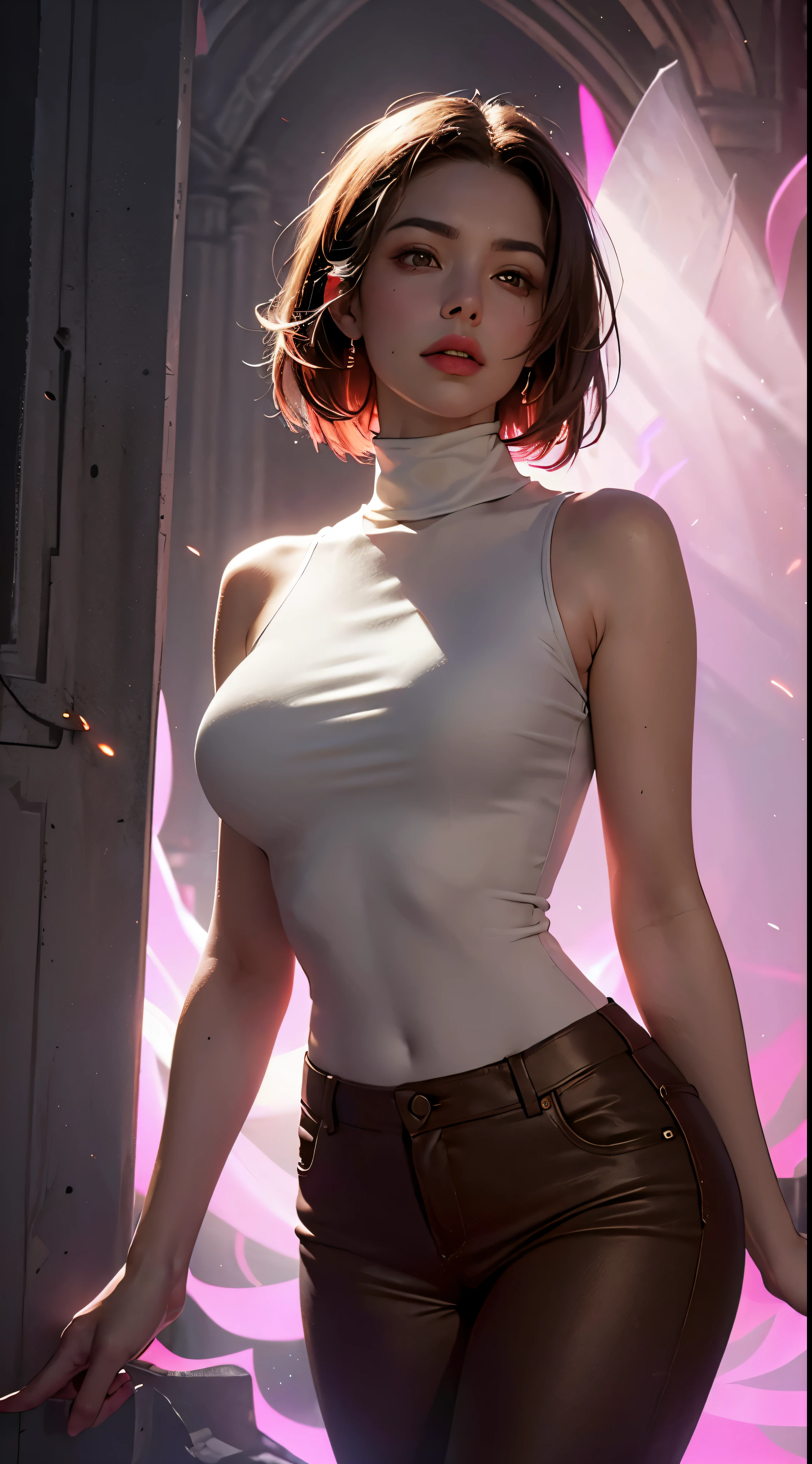 enigmatic atmosphere, atmospheric, ethereal quality,realistic,beautiful and aesthetic,
solo,groin,Pink turtleneck, brown pants,(nsfw:0.85),
Democracy,
power station,
(Glowing ambiance, enchanting radiance, luminous lighting, ethereal atmosphere, mesmerizing glow, evocative hues, captivating coloration, dramatic lighting, enchanting aura),