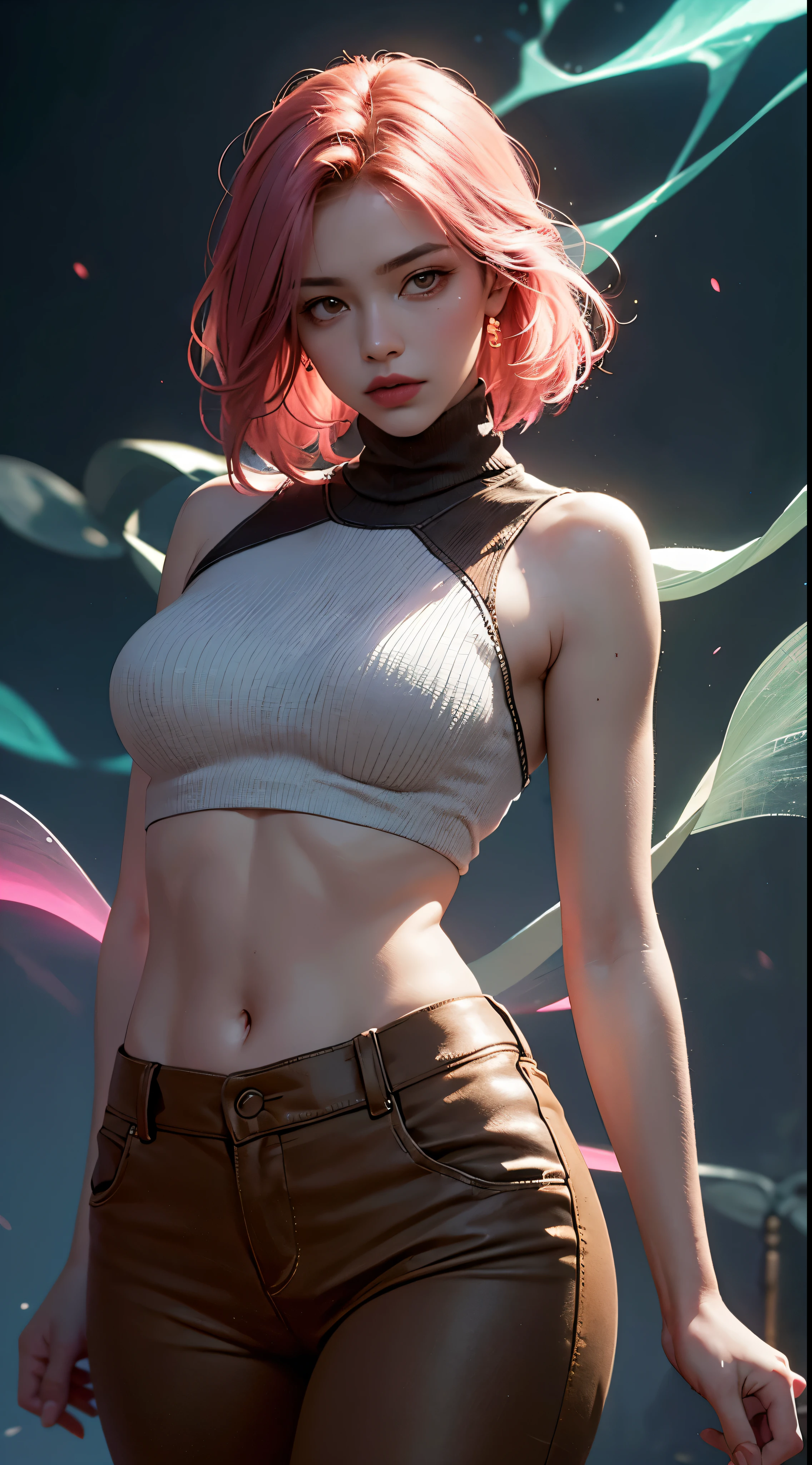 enigmatic atmosphere, atmospheric, ethereal quality,realistic,beautiful and aesthetic,
solo,groin,Pink turtleneck, brown pants,(nsfw:0.85),
Democracy,
power station,
(Glowing ambiance, enchanting radiance, luminous lighting, ethereal atmosphere, mesmerizing glow, evocative hues, captivating coloration, dramatic lighting, enchanting aura),