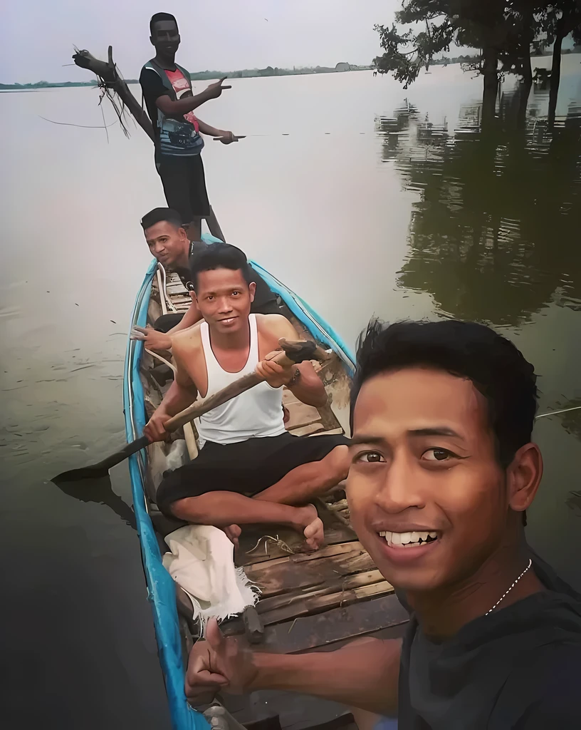 Nepalese mountain background behind 4 men, on a boat with a lake