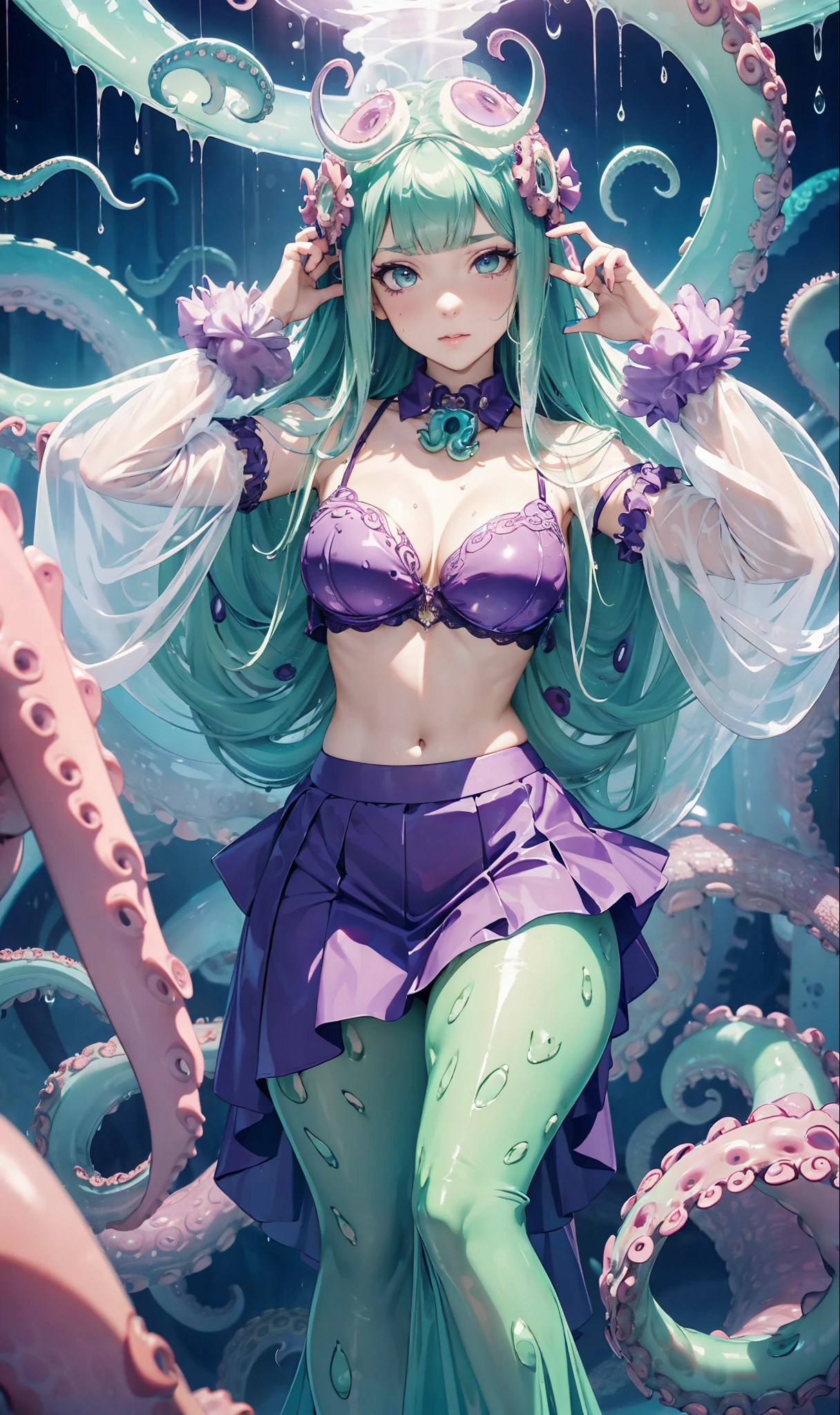 Tentacle skirt and flesh fusion, 1woman, monstergirl, octopusgirl, tentacle long skirt, mop long skirt, goddess, royal sister beauty octopus, squirting slime, disgusting, transparent, wet dada, ((skirt and bra made from tencles)), ((octopus bottom body)), no legs, curvy body, small breasts, shy blush
