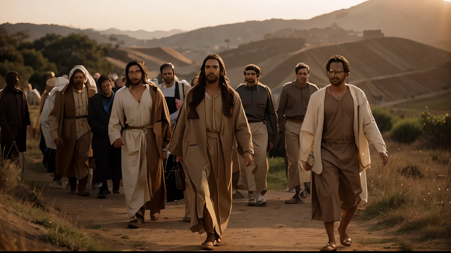 Several men standing, with beige tunics, andando pela estrada de terra