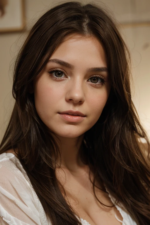 realistic headshot of a young brunette women with layered long hair and hazel eyes