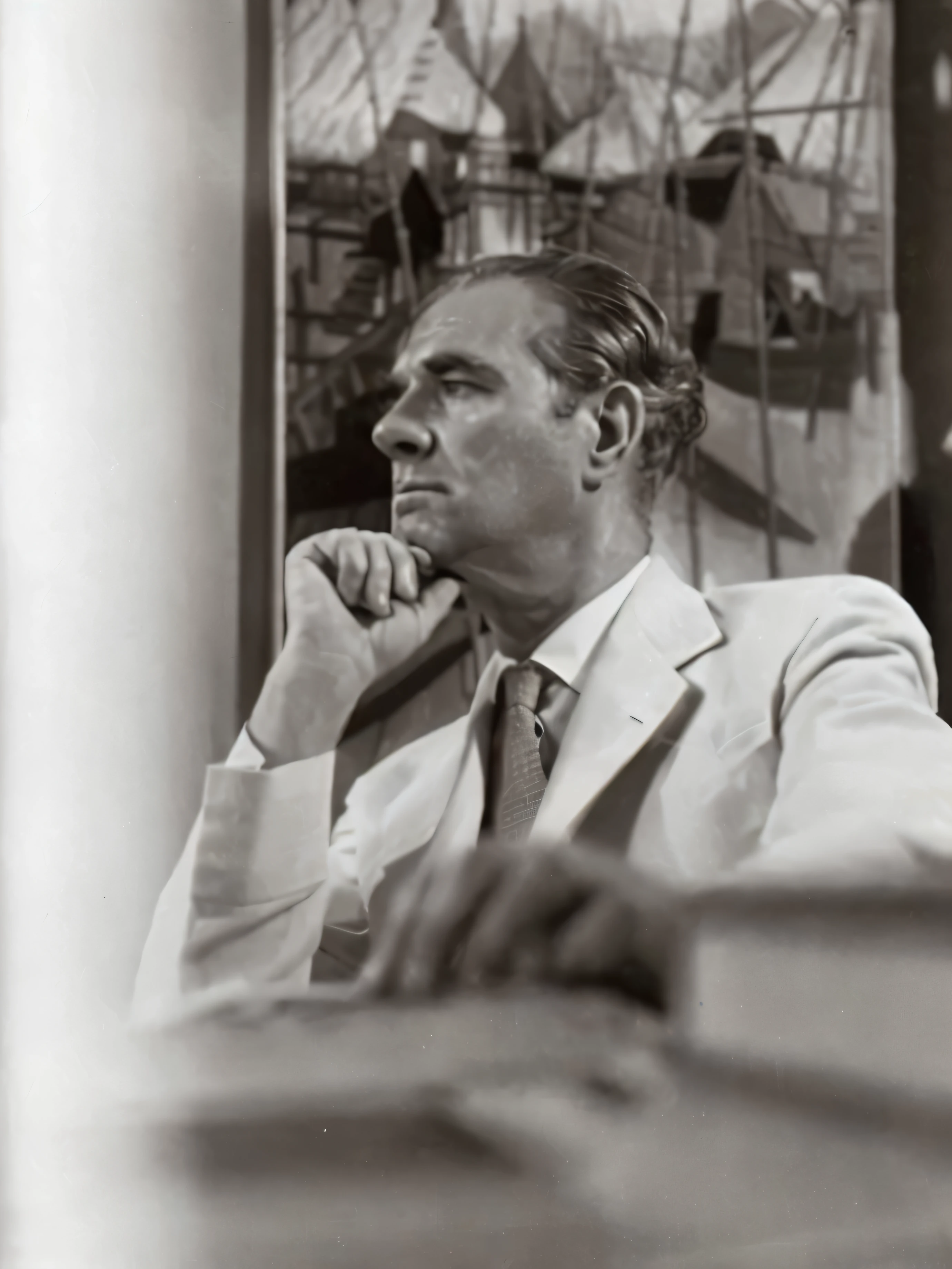 Aarav man in a suit sits at a table with a book..., Ivan Chermayev, Careltol, Alvar Aalto, Niels Otto Moller, By Robert Colquhoun, Architect Lebus Woods, Jean Girard, Walter Gropius, Zdzislaw Bekinski, Giorgio di Chirico