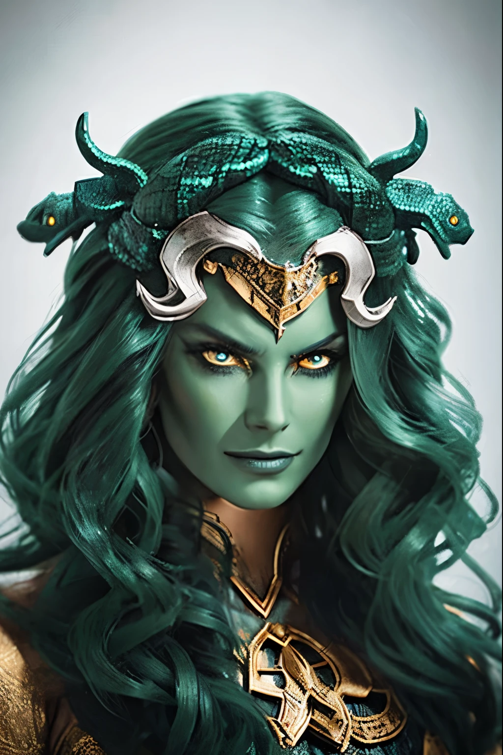 “Draw Medusa from Greek mythology based on her classical description. Portray a woman of unearthly beauty with a pale face, chiseled features and piercing eyes. Seu cabelo deve ser composto por serpentes vivas e venenosas, variando em tamanho e cor, com escamas reluzentes e olhos sinistros. Vista-a com uma veste que lembra uma armadura feita de escamas de serpentes. It has sharp claws on its hands and membranous wings on its back.. Make sure you capture the mischievous expression in his smile, while maintaining a menacing, petrifying look in his eyes. Convey your fearsome and terrifying nature in every detail.