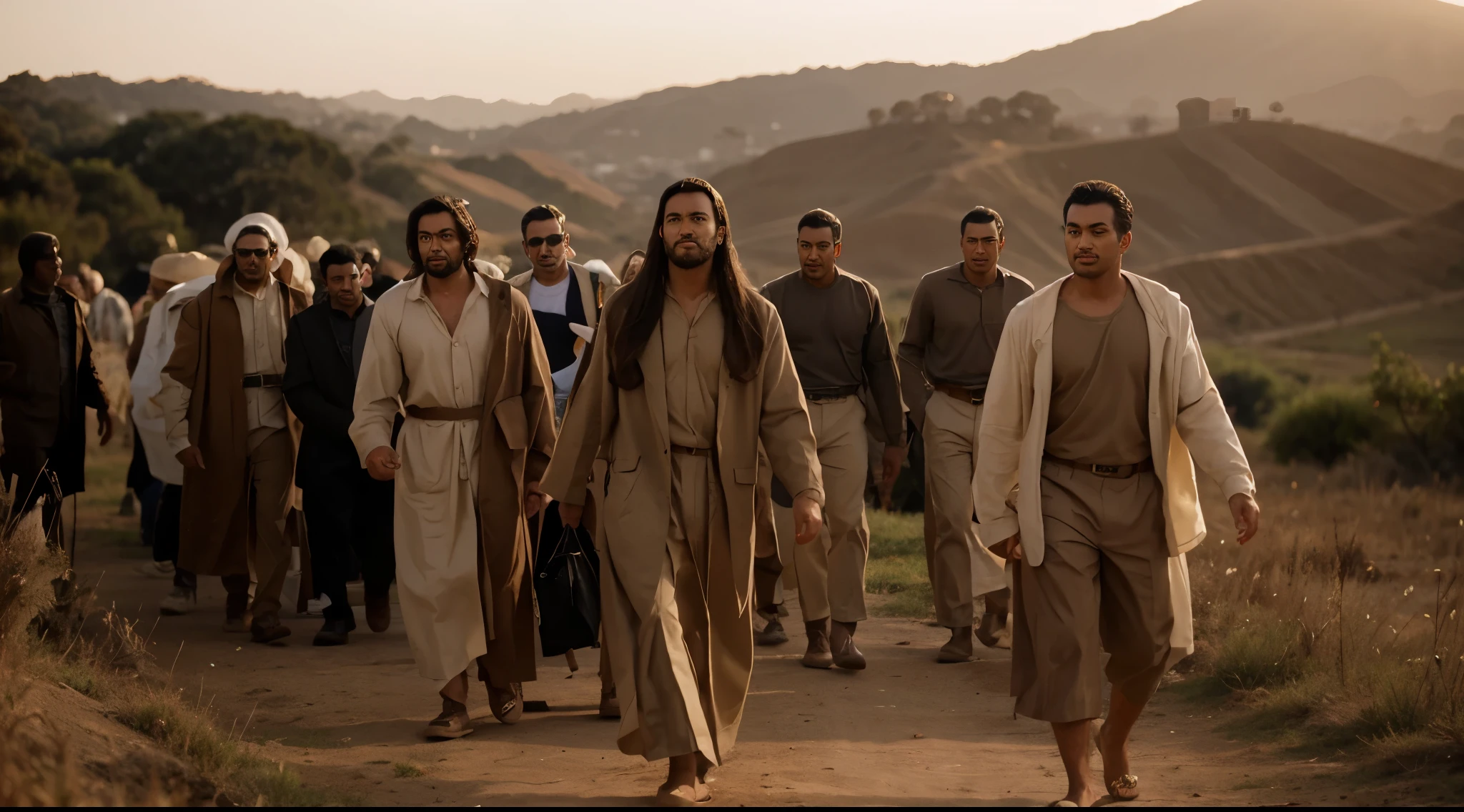 Several men standing, with beige tunics, andando pela estrada de terra