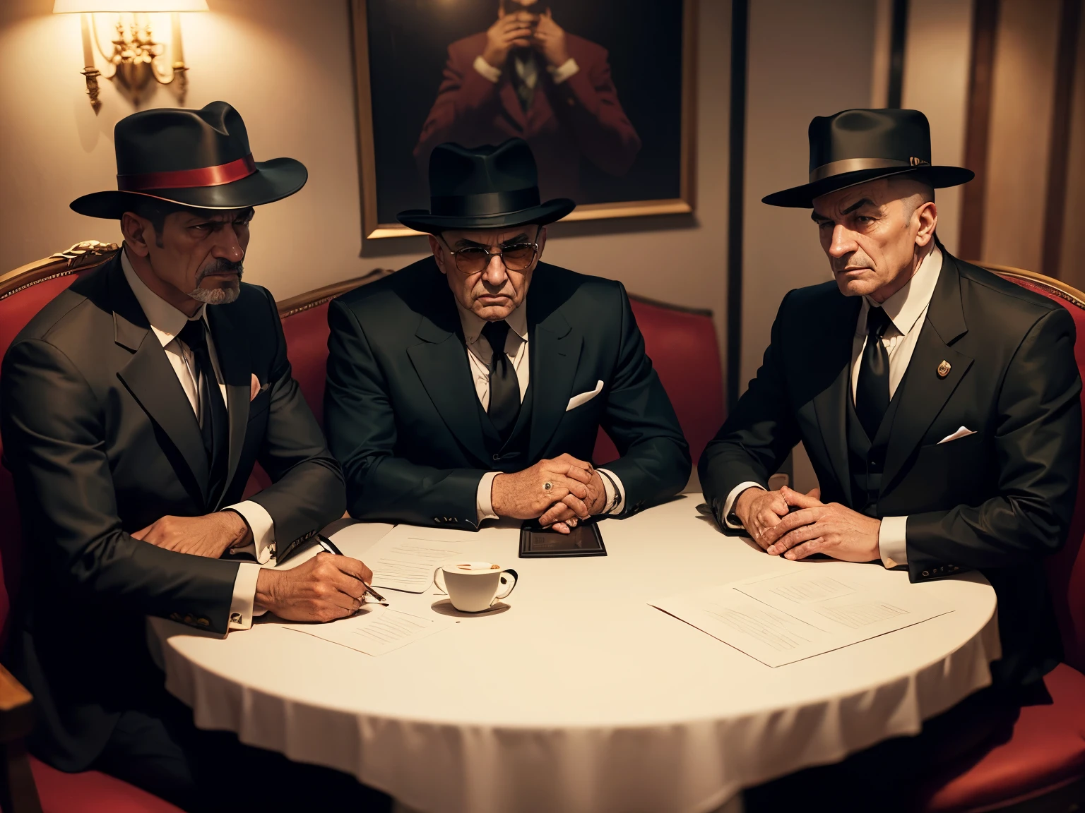 mafia bosses sit at the table and negotiate