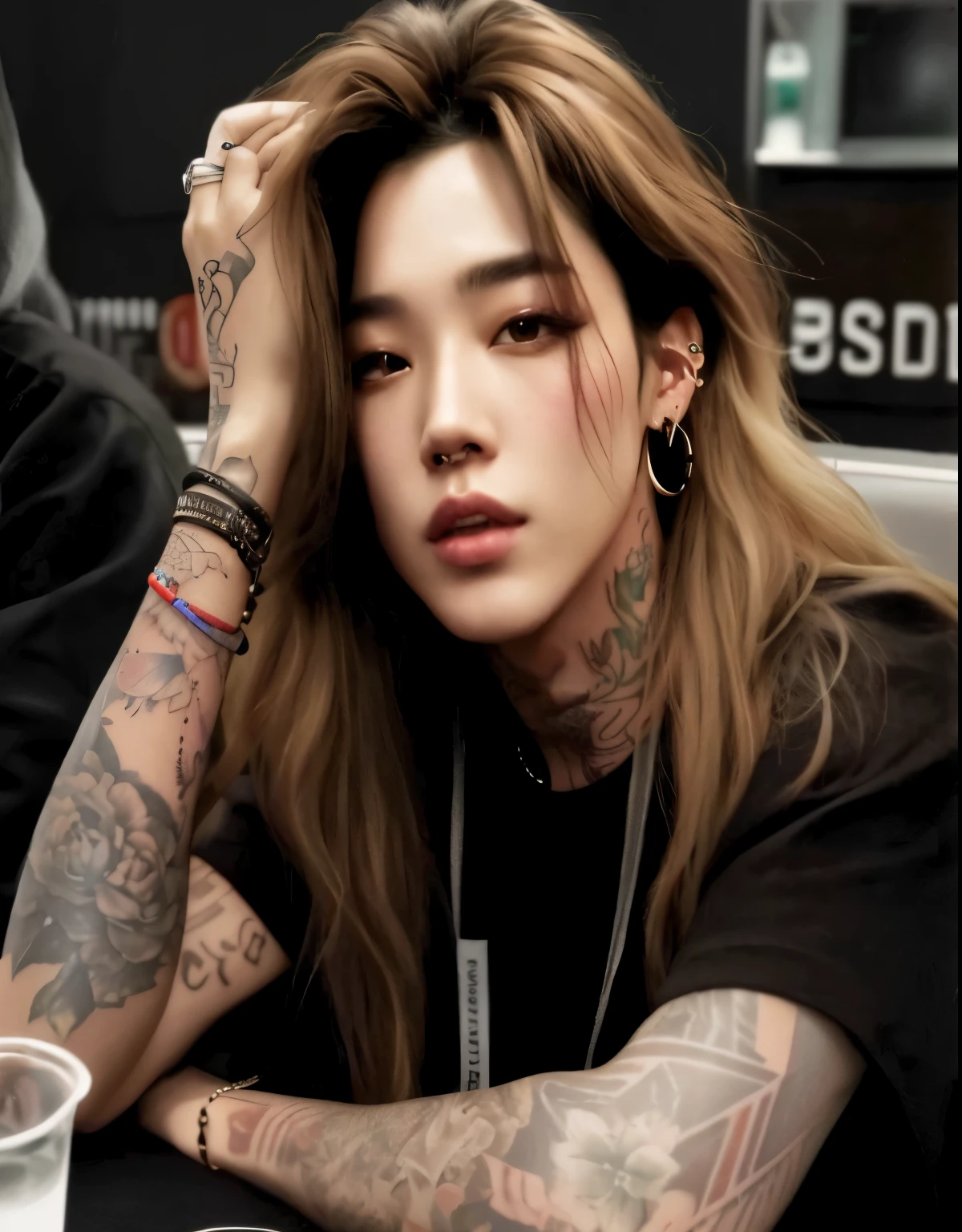 mulher arafa com tatuagens sentada em uma mesa com uma bebida, Artista coreano, jossi do blackpink, portrait of jossi do blackpink, de menina taiwanesa com tatuagens, Steven Jung, Jimin, Kim Jung Gi, Cai Xukun, tatuador, Jung Gi Kim, retrato de ultra realista, Tatuado, TaeJune Kim, androgynous person