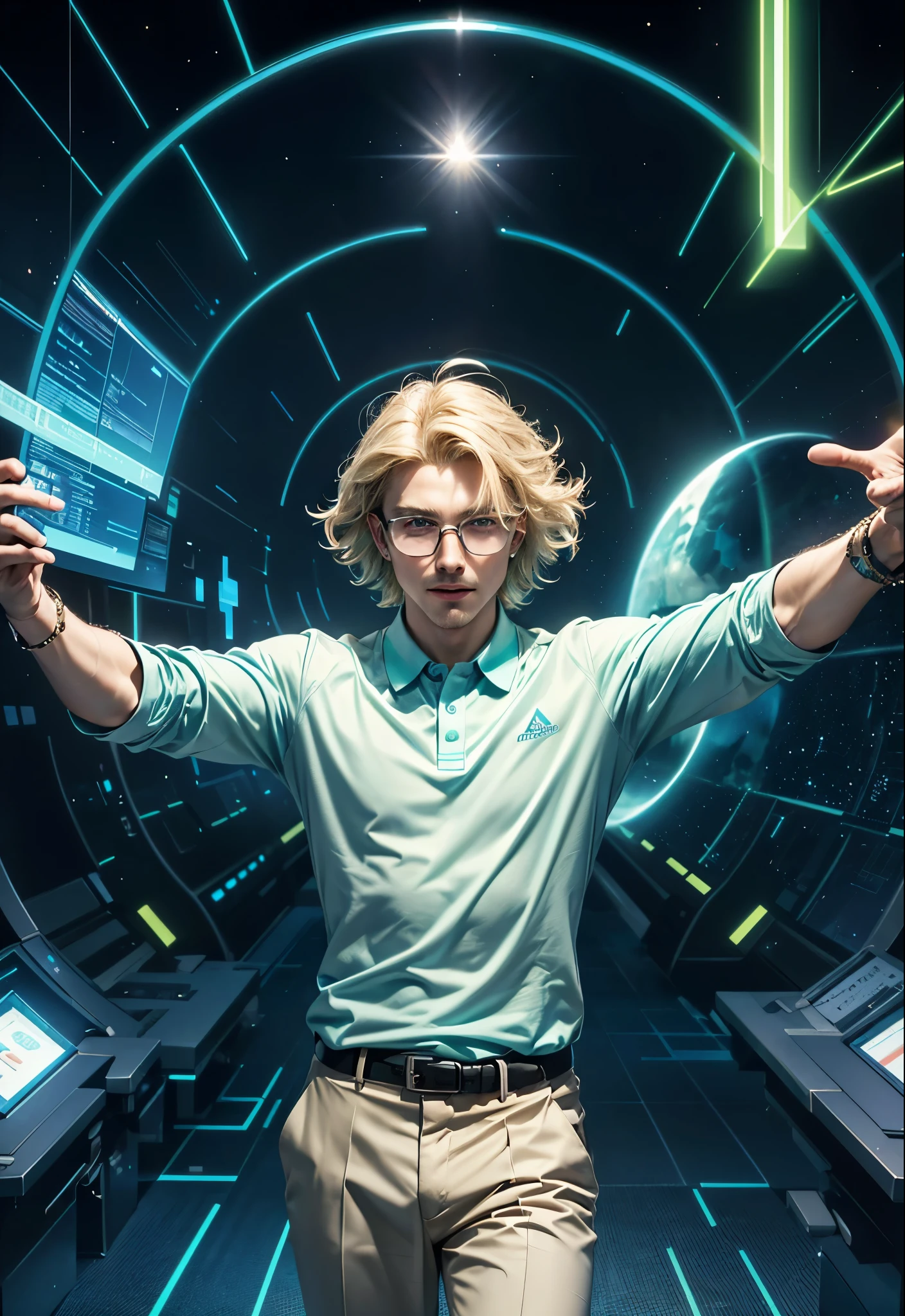 PERFECT MASTERPIECE, EXTREMELY DETAILED CG UNITY 32K UHD QUALITY RESOLUTION, RAW PHOTO, AWARD-WINNING PORTRAIT, OFFICIAL ART, PHOTOREALISTIC, PHOTOGENIC CLARITY, HYPER-REALISTIC, HYPER-DETAILED, The most handsome and dashing businessman, short blonde hair, vibrant moonlight eyes, chiselled jaw, wearing glasses polo shirt and khakis, pointing at futuristic holographic screens conducting a business presentation, confident excited and intrigued facial expression, ((hyper futuristic holographic matrix style coding illuminating from the holographic screens 1.3))((corporate business office background, perfect vibrant primary blue, neutral ivory, neutral navy and accent green color theme, perfect color scheme 1.3))