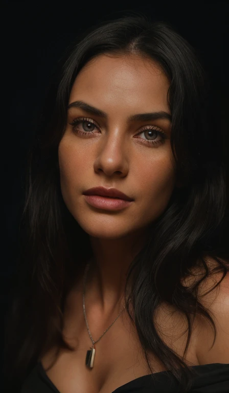 1girl, solo, jewelry, breasts, necklace, cleavage, realistic, black hair, dark braun eyes, looking at viewer, lips, no makeup, long hair, upper body, black hair,slate atmosphere, cinematic, dimmed colors, dark shot, muted colors, film grainy, lut, insane details, intricate details, (highly detailed face:1.4) (smile:0.7) (background inside dark, moody, private study:1.OV, by lee jeffries, nikon d850, film stock photograph ,4 kodak portra 400 ,camera f1.6 lens ,rich colors ,hyper realistic ,lifelike texture, dramatic lighting , cinestill 800,